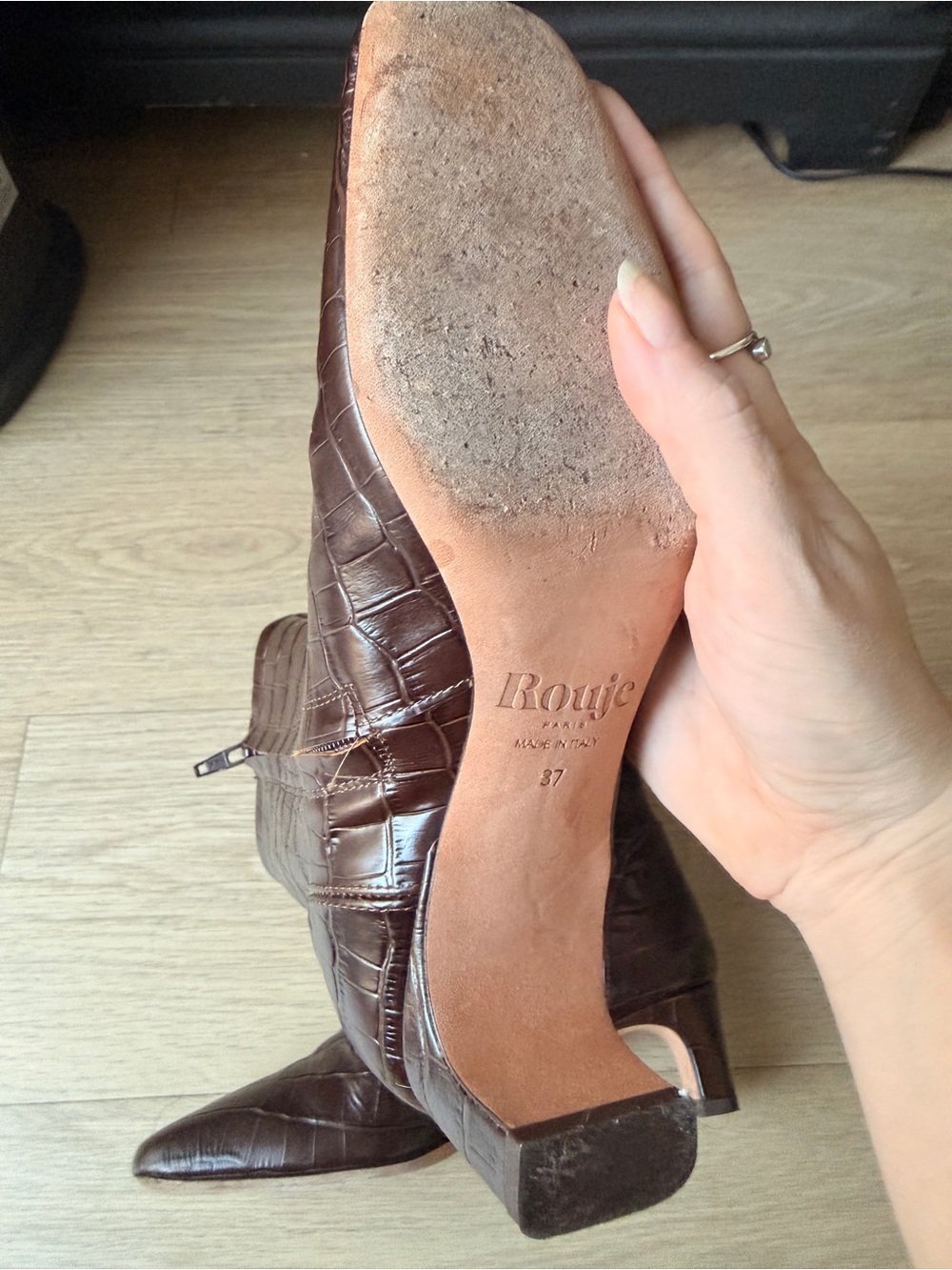 Rouje Paris Doria Boots - Croc-Embossed Brown Leather Ankle Boots 37 - Picture 6 of 8